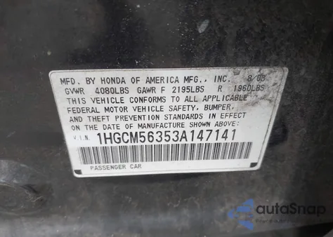 2003 Honda Accord 2.4 Lx z USA, uszkodzony, nr VIN 1HGCM56353A147141